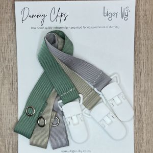 A pack of 3 dummy clips in stone, sage and grey colours