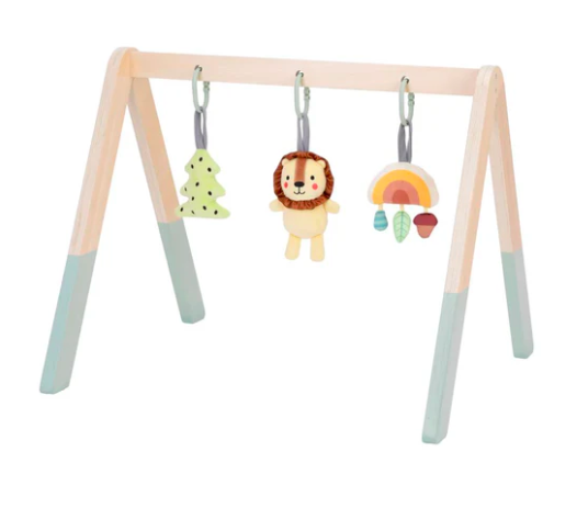 a wooden baby gym stand with toy dangles
